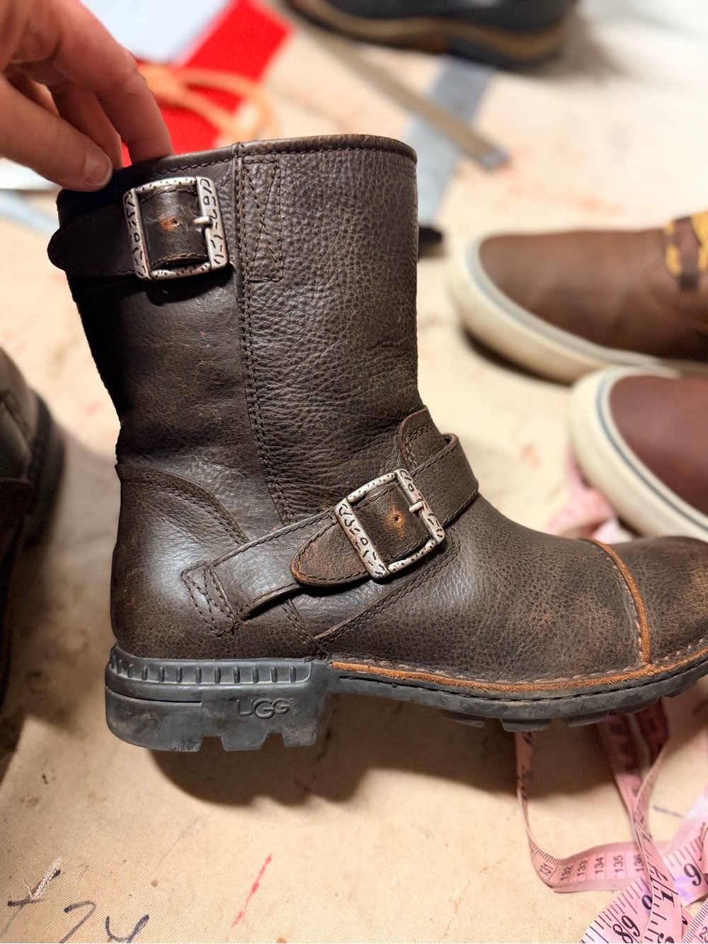 UGG Australia Brown Leather Shearling Lined Engineer Moto Boots Mens Size 8 - Picture 3 of 7